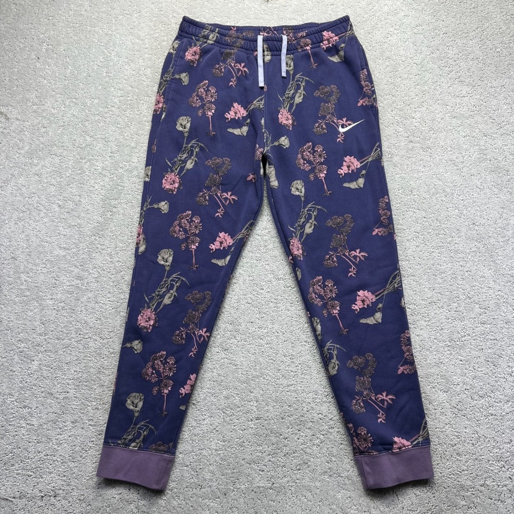 Nike Sweatpants Womens L Purple Pink Floral Print Fleece Joggers Cotton Blend